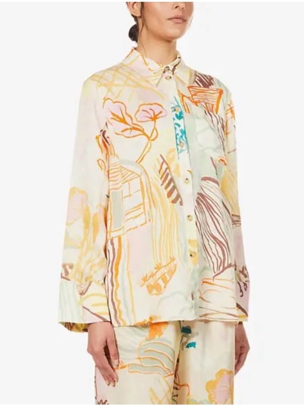 Stine Goya Summer Flowy Satin Button Down Abstract Top